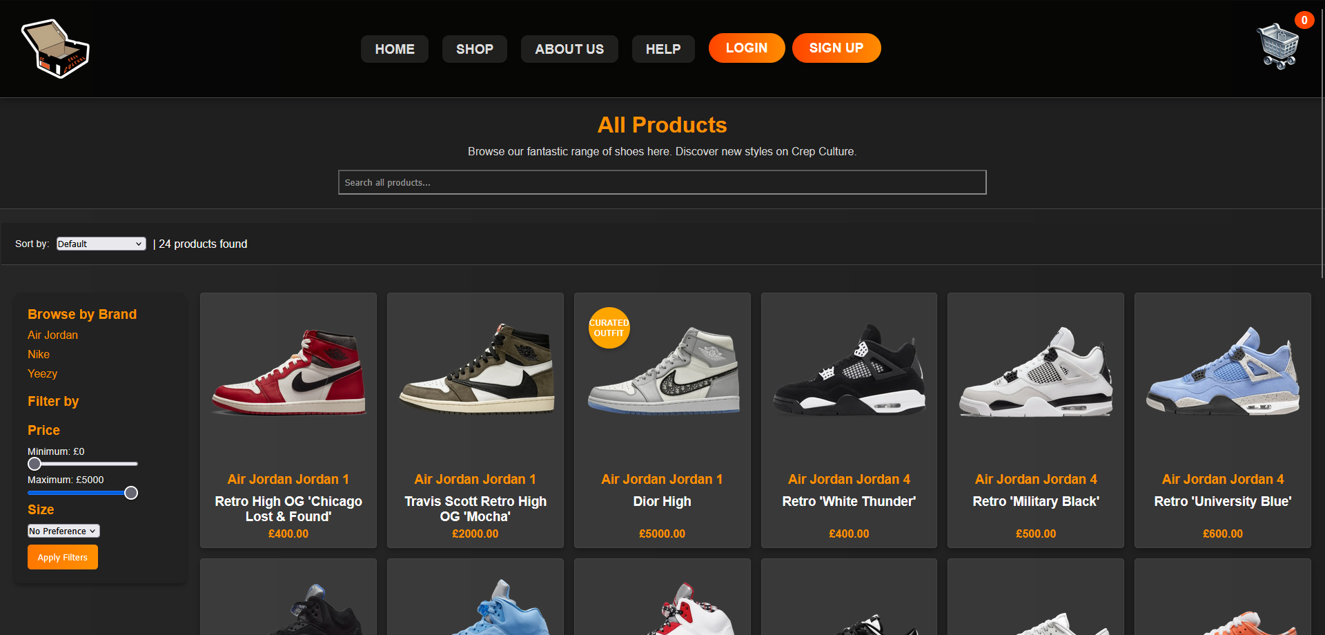 Crep Culture shop page.